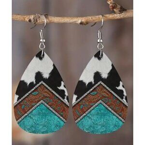 Boho Western Teardrop Earrings For Women Leather & Faux‎ Fur Turquoise/Brown NEW